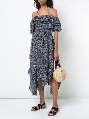 Ulla Johnson Jessa Midnight Navy Ruffle Off The Shoulder Midi Dress Size 2